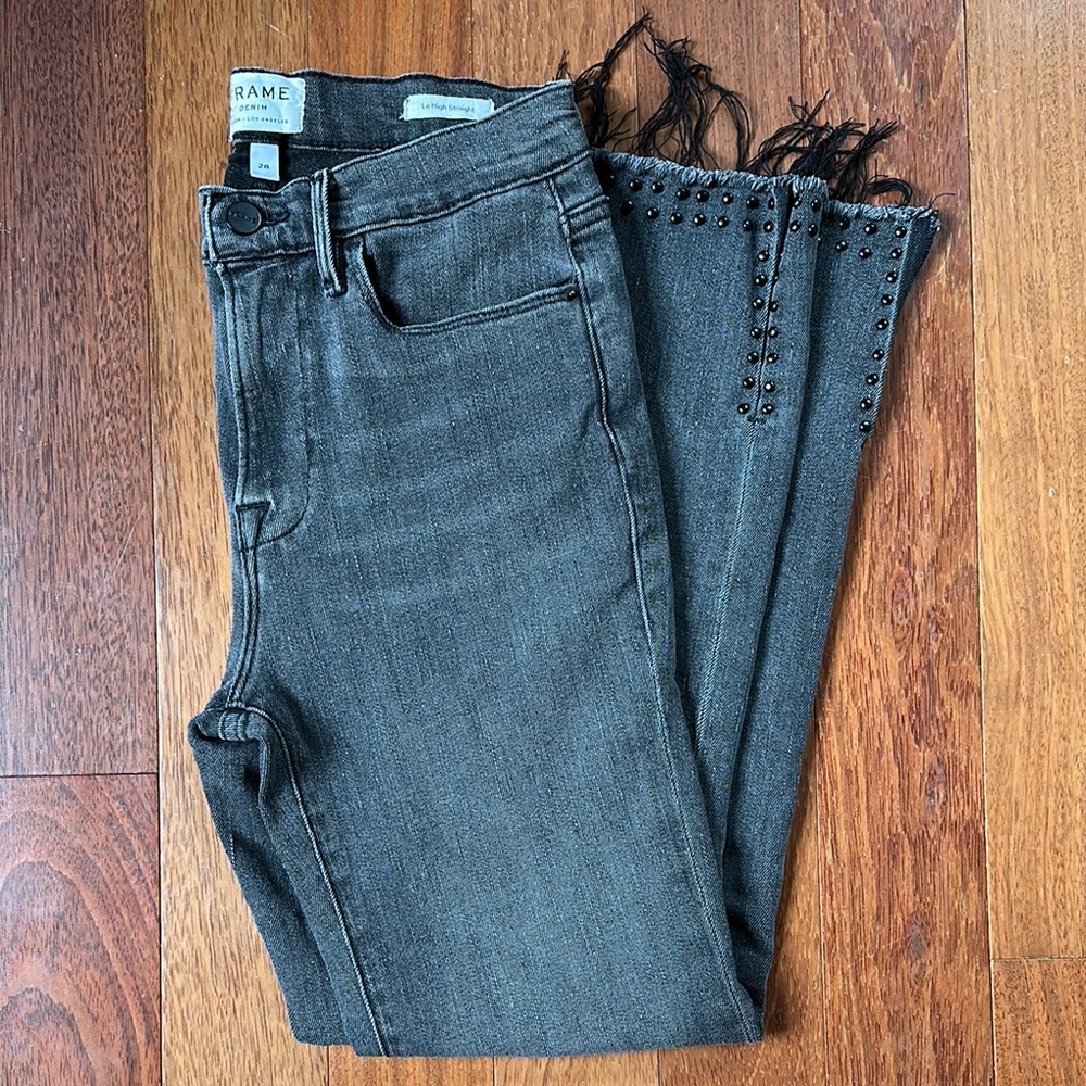 Frame Denim Jeans w Studs & Fringe Hem Black/Grey